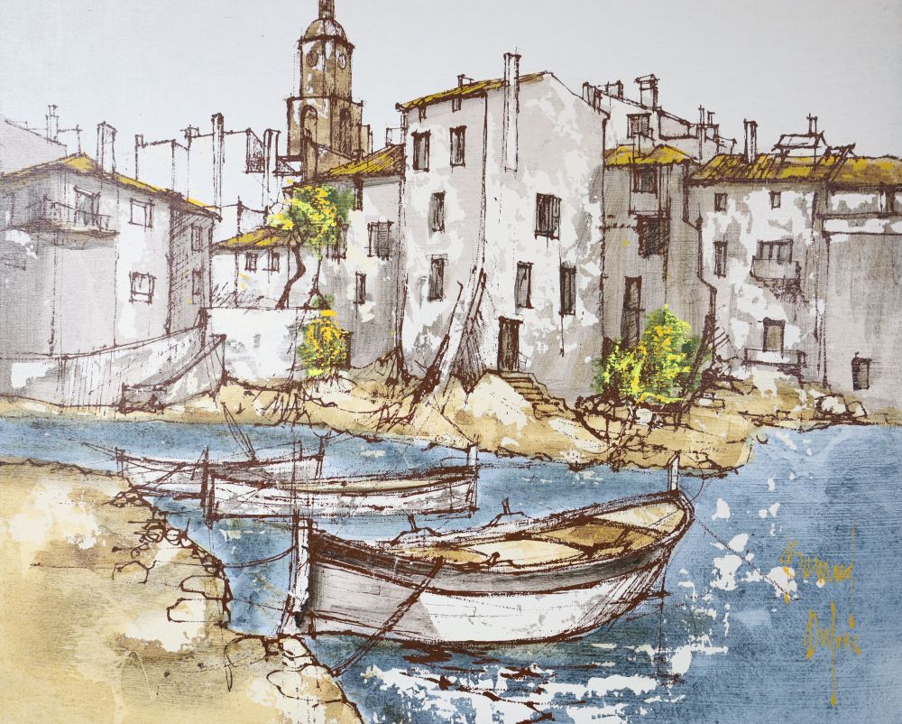 Bernard Dufour (1922-2016), oil on canvas board, Mediterranean fishing village, 37 x 45cm